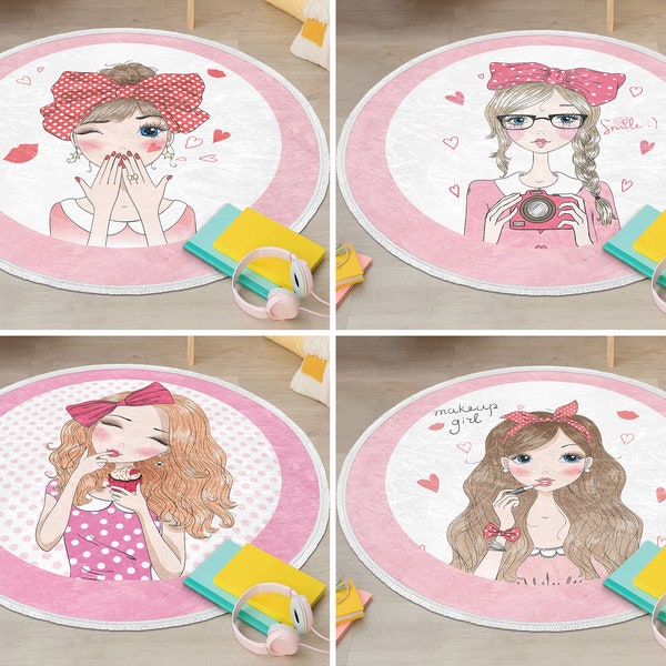 Pop Art Round Rug|Girl Circle Rug With Tassel|Infant Floor Carpet With Fringe|Adorable Non Slip Mat|Pink Gift Anti Slip Rug for Nursery Room