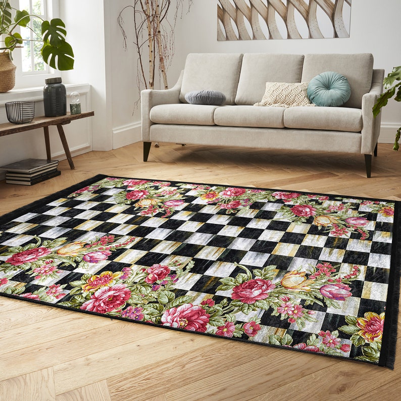 Sketchy Rose Area RugCheckers RunnerGarden Non Slip CarpetChecky Chessboard Floor ArtMachine Washable CarpetBlack Fringed Mat image 7