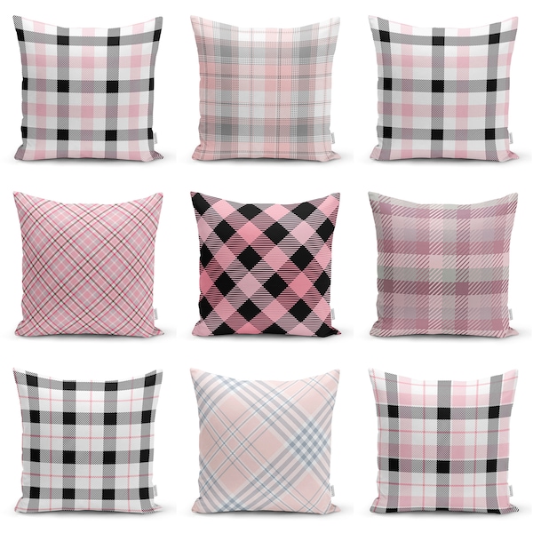 Checkered Chequered Throw Pillow Covers|Tartan Decor Cushion Cover|Pink Geometric Pillowcase|Black Plaid Home Pillow Top|Home Decoration