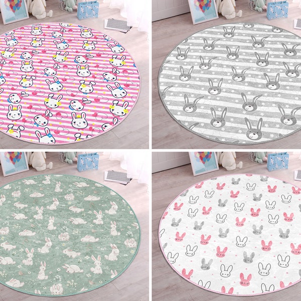 RealHomes Bunny Round Rug|Rabbit Floor Carpet|Princess Non Slip Circle Rugs|Animal Anti Slip Mat|Baby Area Rugs|Pink Rug For Kid's Room