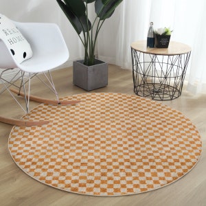 Checkered Round Rug|Geometric Carpet|Checkerboard Circle Rugs|Seamless Rubber Backing Mat|Colorful Area Rugs|Orange Rug For Home Space