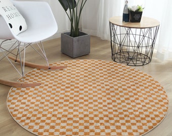 Tapis rond à damier|Tapis géométrique|Tapis rond en damier|Tapis supérieur en caoutchouc sans couture|Tapis colorés|Tapis orange pour la maison