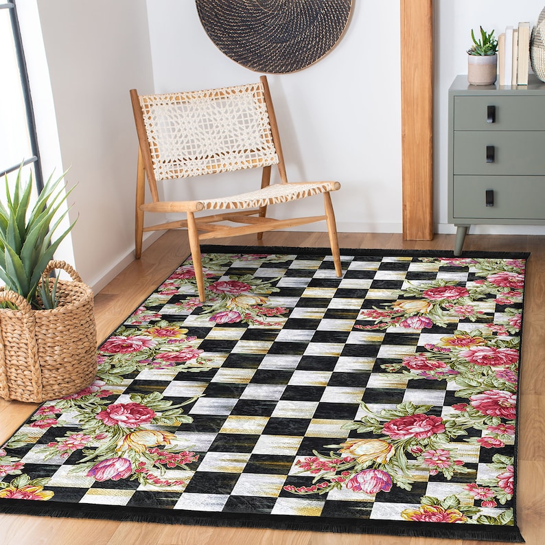 Sketchy Rose Area RugCheckers RunnerGarden Non Slip CarpetChecky Chessboard Floor ArtMachine Washable CarpetBlack Fringed Mat image 6