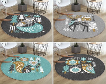 RealHomes Owl Round Rug|Deer Floor Carpet|New Year Non Slip Circle Rugs|Nordic Anti Slip Mat|Rustic Area Rugs|Blue Rug For Living Room