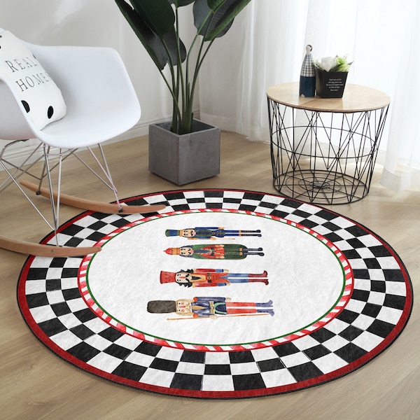 Tin Soldier Round Rug|Nutcracker Carpet|Christmas Non Slip Circle Rugs|Checkers Rubber Backing Mat|Toy Area Rugs|Black Rug For Home Space