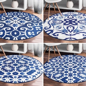 Tile Art Round Rug|Turkish Floor Carpet|Traaditional Non Slip Circle Rugs|Persian Anti Slip Mat|Lux Area Rugs|Blue Rug For Living Room