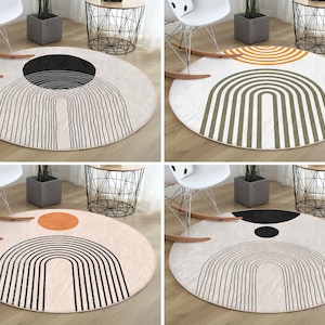 Abstract Round Rug|Onedraw Floor Carpet|Decorative Non Slip Circle Rugs|Striped Anti Slip Mat|Geometric Area Rugs|Beige Rug For Living Room