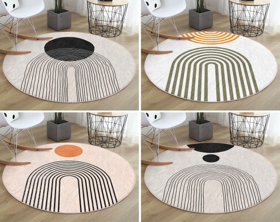 Abstract Round Rugonedraw Floor Carpetdecorative Non Slip Circle  Rugsstriped Anti Slip Matgeometric Area Rugsbeige Rug for Living Room 