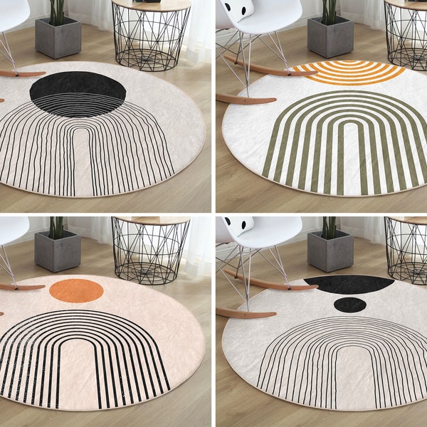 Tapis rond abstrait| Tapis de sol Onedraw| Tapis décoratifs antidérapants| Tapis antidérapant rayé| Tapis de zone géométrique| Tapis beige pour salon