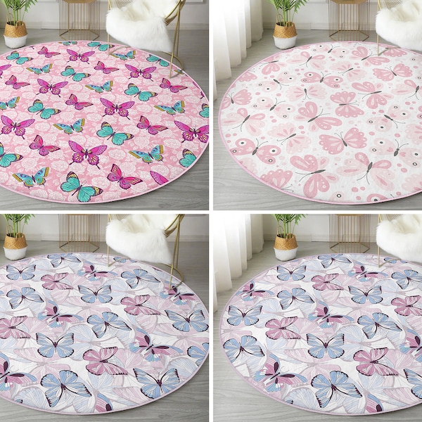 Tapis rond RealHomes Butterfly| Tapis de sol Rose| Tapis circulaires antidérapants pour animaux| Tapis antidérapant coloré| Tapis de zone pour filles| Tapis rose pour salon