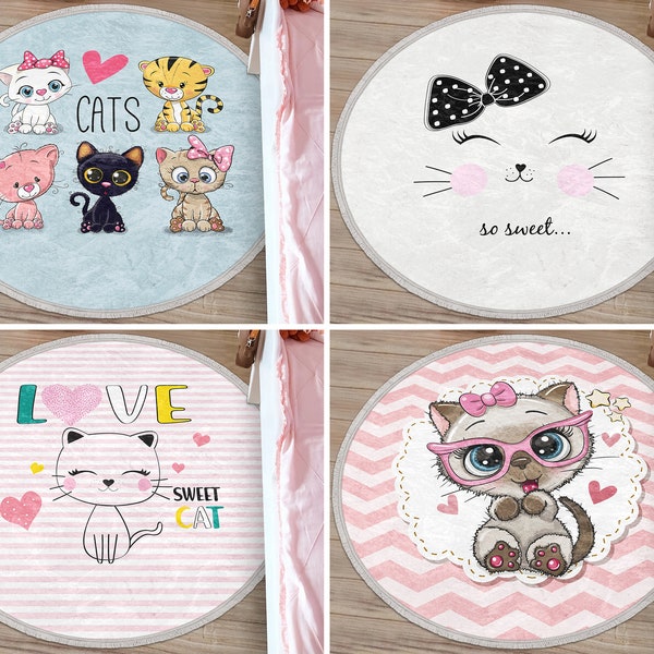 Kitten Round Rug|Sweet Circle Rug With Tassels|Cat Floor Carpet With Fringe|Baby Non Slip Mat|Pink Zigzag Anti Slip Rug for Nursery Room
