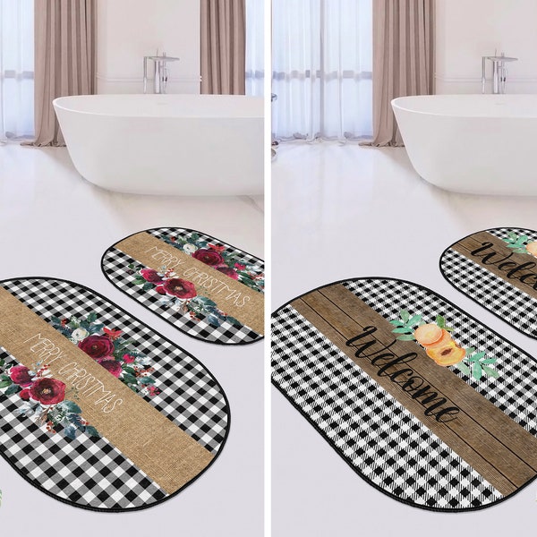 RealHomes Merry Xmas Bath Rug Set|Plaid Anti Slip Floor Mat|Rose Black Non Slip Door Carpet|Floral Check Machine Washable Oval Elliptic Rug