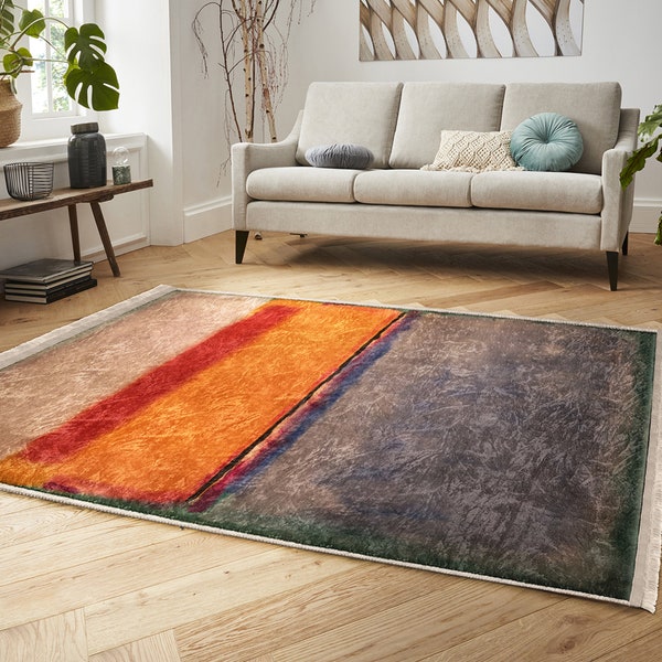 Tapis Rothko|Tapis gris Mhytic|Tapis antidérapant pastel|Tapis multicolore|Tapis orange lavable en machine|Tapis décoloré avec franges