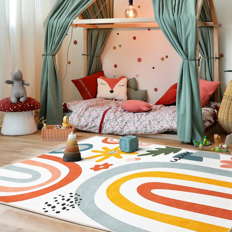 Odd Shapes Newborn RugAbstract Rectangular Toddler CarpetModern Art Nursery RugRainbow Multicolor Infant matAnti Slip Mat for Kid's Room image 7