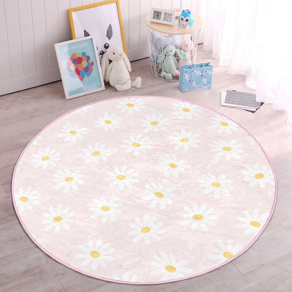 Daisy Nursery Rug|Bloom Playmat for Kids Room|Blossom Toddler Round Carpet|Floral Non Slip Activity Rug|Garden Playroom Rug|Daycare Mat