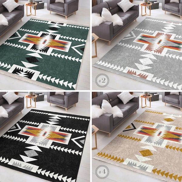 Aztec Area Rug|Black Terracotta Rug|Southwestern Non Slip Carpet|Modern Farmhouse Rug|Green Machine Washable Carpet|Geometric Fringed Runner