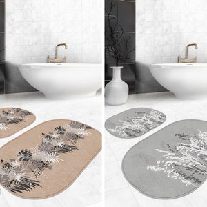 Set of 2 Plant Bath Rug Set|Monstera Anti Slip Floor Mat|Leaf Gray Non Slip Door Carpet|Rustic Palm Machine Washable Rug For Bathroom