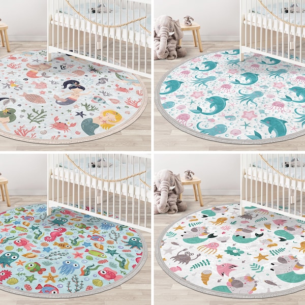 Sea Creatures Round Rug|Funny Circle Rug With Tassels|Octopus Floor Carpet With Fringe|Dolphin Mat|Blue Kid Anti Slip Rug for Nursery Room