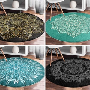 Mandala Round Rug|Geometric Floor Carpet|Art Deco Non Slip Circle Rugs|Traditional Anti Slip Mat|Chic Area Rugs|Black Rug For Living Room