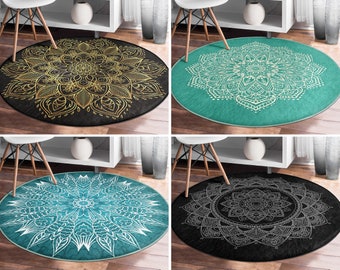 Mandala Round Rug|Geometric Floor Carpet|Art Deco Non Slip Circle Rugs|Traditional Anti Slip Mat|Chic Area Rugs|Black Rug For Living Room