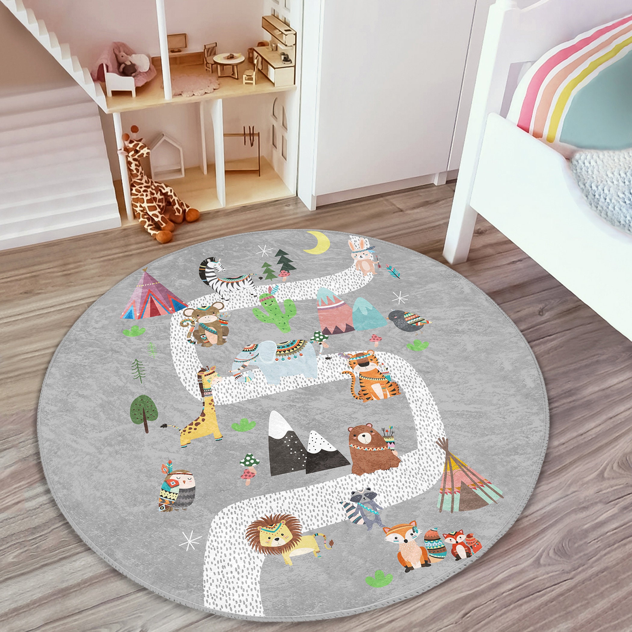 Ethnischer Kinder teppich Fuchs Spielmatte für Kinderzimmer Eule  Kinderteppich rund Woodland Non Slip Activity Teppich Löwe Spielzimmer  Teppich Kita-Matte