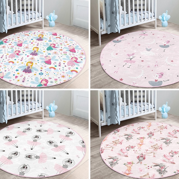 RealHomes Fairy Round Rug|Rabbit Floor Carpet|Girl Non Slip Circle Rugs|Rainbow Anti Slip Mat|Floral Area Rugs|Pink Rug For Kid's Room