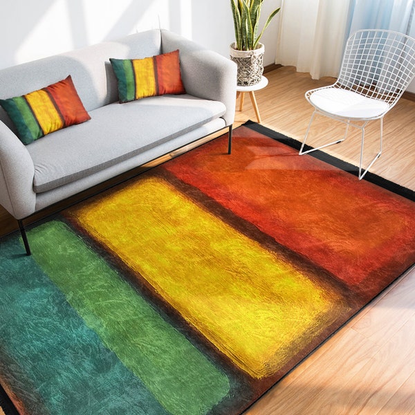 Rothko Area Rug|Green RGB Rug|Divided Non Slip Carpet|Framed Rug|Black Machine Washable Carpet|Pastel Fringed Runner