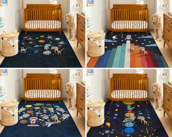 Planet Activity Rug|Space Rectangular Toddler Carpet|Ufo Nursery Rug|Moon Astronaut Playmat|Anti Slip Mat for Kid's Room