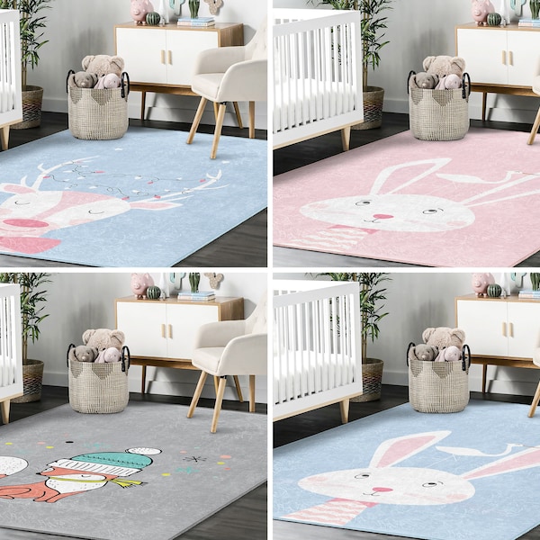 Deer Activity Rug|WinterDesign Trendy Carpet|Fox Nursery Rug|Rabbit Swan Playmat|Non Slip Mat for Kid's Room