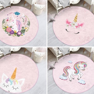 RealHomes Floral Round Rug|Unicorn Floor Carpet|Horse Non Slip Circle Rugs|Sweet Anti Slip Mat|Nursery Area Rugs|Pink Rug For Kid's Room