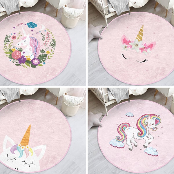 Tapis rond floral RealHomes| Tapis de sol licorne| Tapis circulaires antidérapants pour chevaux| Tapis antidérapant doux| Tapis de chambre d'enfant| Tapis rose pour chambre d'enfant