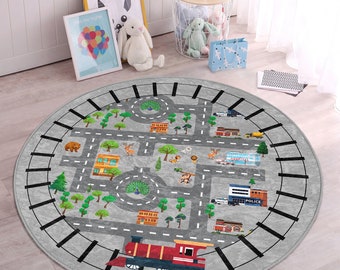 City Nursery Rug|Roadway Playmat for Kids Room|Adventure Toddler Round Carpet|Patrol Non Slip Activity Rug|Train Playroom Rug|Daycare Mat
