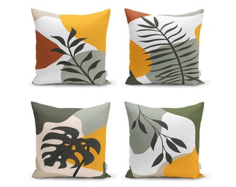 Set of 4 Colorful Leaf Mix Throw Pillow Covers - Nature Boho Sofa Bed Decor , Square 4 Cushion Cover Sets (17x17 - 19x19 - 21x21)