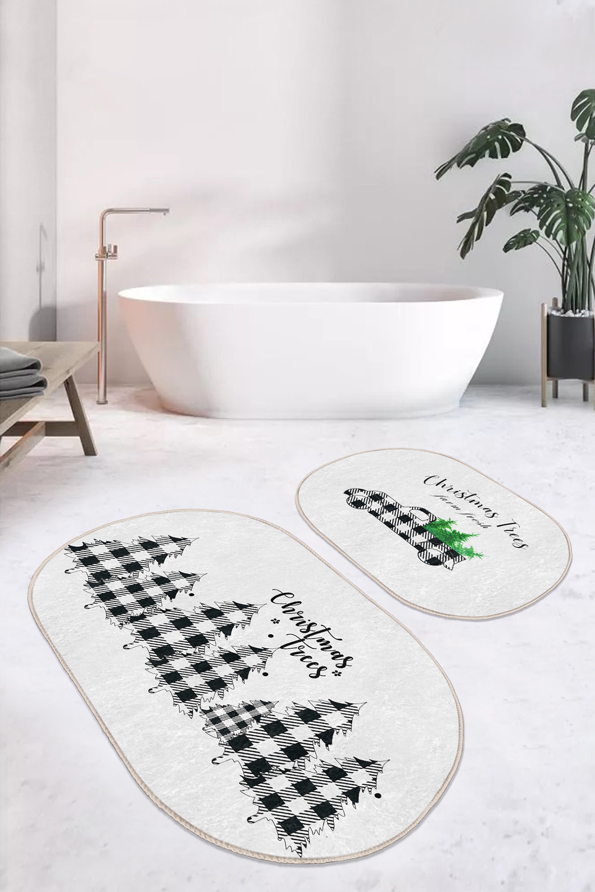 Farmhouse Bath Rug Setplaid Anti Slip Floor Matpine Tree Etsy