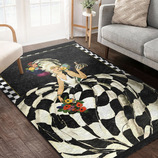 Farmhouse Girl Area Rug|Black Dancer Runner|Checky Non Slip Carpet|Chequered Floor Art|White Machine Washable Carpet|Contemporary Art Mat