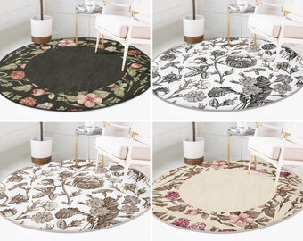 RealHomes Floral Round Rug|Flower Floor Carpet|Framed Non Slip Circle Rugs|Rose Anti Slip Mat|Charcoal Area Rugs|Black Rug For Living Room