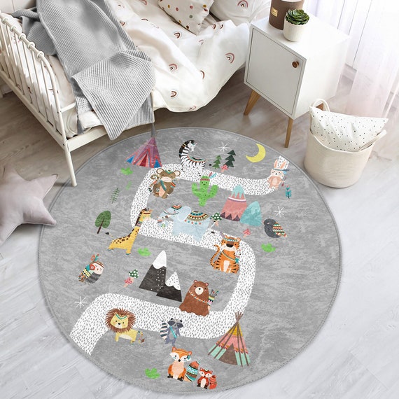 Spielzimmer rund Kinderteppich teppich Non Löwe Fuchs Teppich für Woodland Eule Slip Ethnischer Kinder Kita-Matte Teppich Kinderzimmer Activity Spielmatte