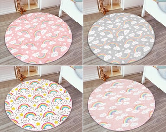 RealHomes Rainbow Round Rug|Cloud Floor Carpet|Star Non Slip Circle Rugs|Toddler Anti Slip Mat|Playground Area Rugs|Pink Rug For Kid's Room