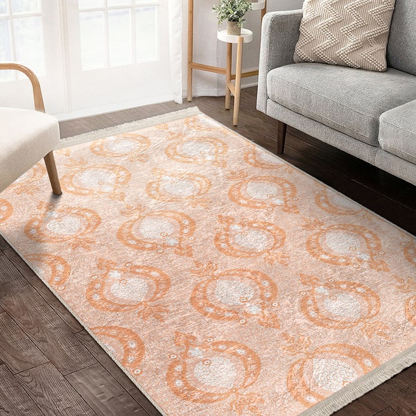 Peach Fuzz Area Rug|Orange Natural Color Rug|Traditional Non Slip Carpet|Authentic Rug|White Machine Washable Carpet|Coral Fringed Runner