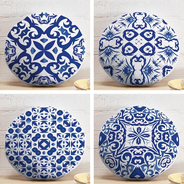 Juego de 4 marcas tradicionales azules Cubiertas de almohada redondas - Decoración elegante 4 Juegos de fundas de cojín - Almohadas circulares + Inserto ( 17 "/ 19 "/ 21 " / 27" )