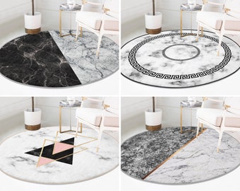 Marble Round Rug|Greek Key Floor Carpet|Meander Non Slip Circle Rugs|Triangle Anti Slip Mat|Marmoreal Area Rugs|Gray Rug For Living Room