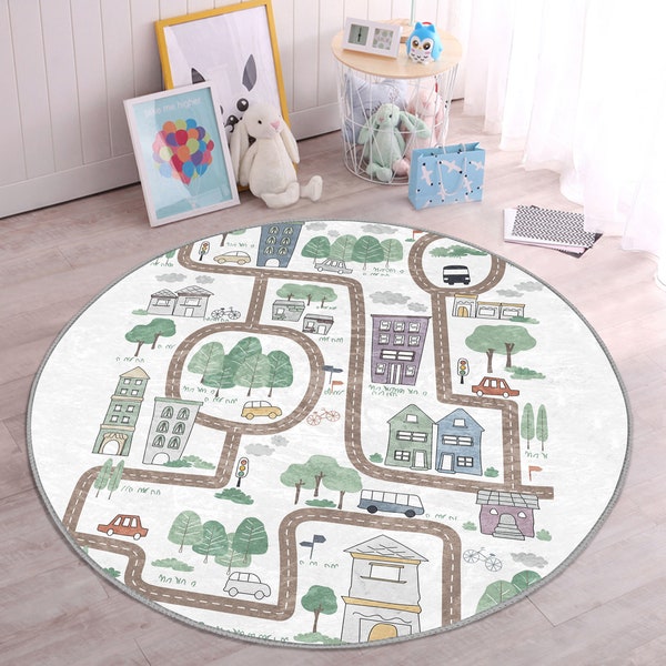 City Nursery Rug|Road Playmat for Kids Room|Track Toddler Round Carpet|Car Non Slip Activity Rug|Town Playroom Rug|Street Gray Daycare Mat