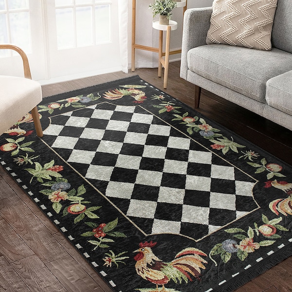 Rustic Area Rug|Black Chicken Runner|Farm Non Slip Carpet|Rooster Floor Art|White Machine Washable Carpet|Diamond Fringed Mat