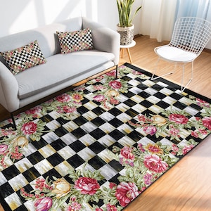 Sketchy Rose Area RugCheckers RunnerGarden Non Slip CarpetChecky Chessboard Floor ArtMachine Washable CarpetBlack Fringed Mat image 8