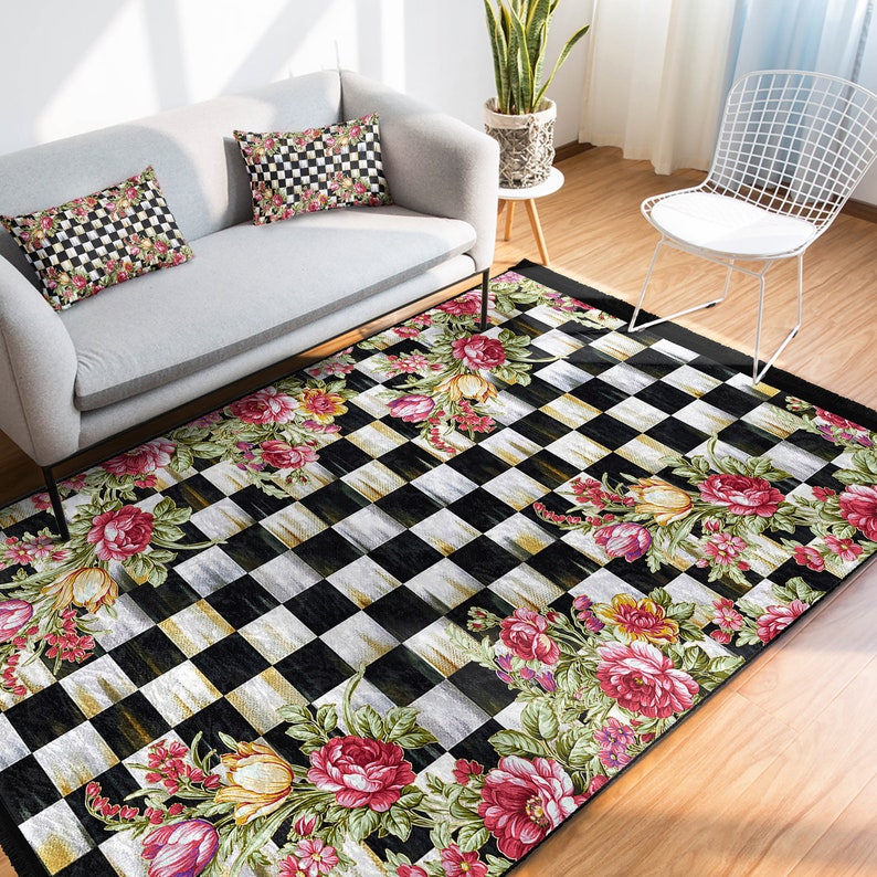 Sketchy Rose Area RugCheckers RunnerGarden Non Slip CarpetChecky Chessboard Floor ArtMachine Washable CarpetBlack Fringed Mat image 8