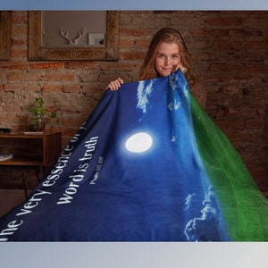 JW Gift Blanket 2023 year text Moon lit scene. Great for camping, car tips, watching broadcast, air travel, or picnics. Wedding gift
