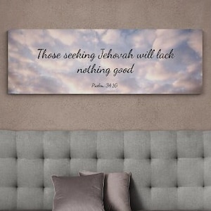 JW Gifts | Those seeking Jehovah will lack nothing good. Panoramic Wall Canvas. Sky. Year text 2022.