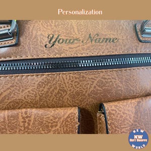 A close-up of a brown vegan leather bag shows a zipper and the engraved text "Your Name" in a script font.