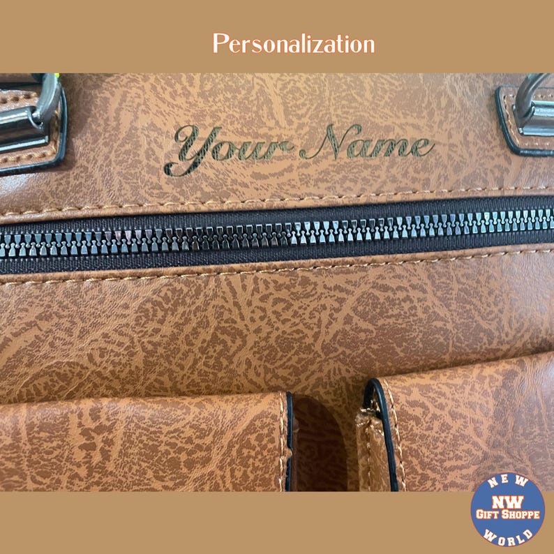 A close-up of a brown vegan leather bag shows a zipper and the engraved text "Your Name" in a script font.