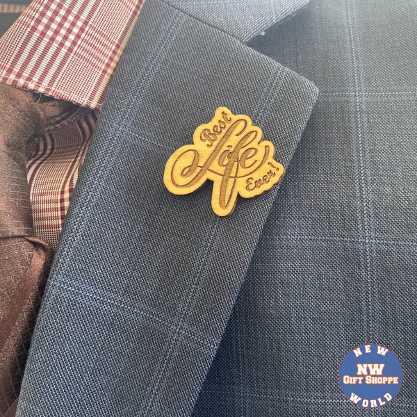 JW Lapel Pin. Best Life Ever. 1.375" Wood, Laser engraved, High gloss protective finish. JW Gifts. 2023 Regional Convention. Pioneer School